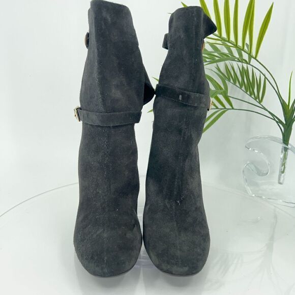 Theory Jodhpur Size 8.5 Mid Calf Black Suede Heeled Ankle Boots Booties Strap - Picture 4 of 14